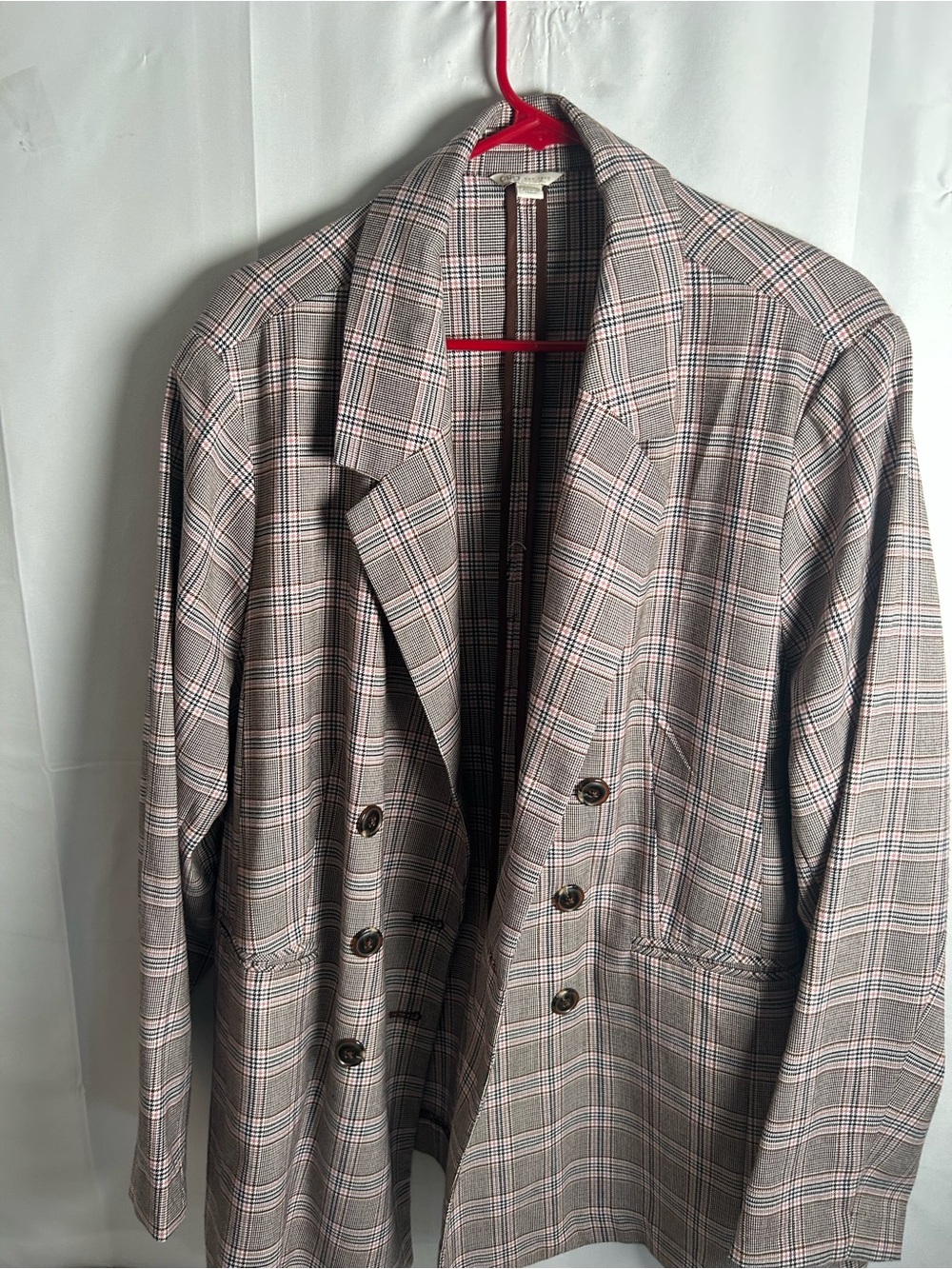 Cato Plaid Double-Breasted Blazer in Taupe and Gray with Subtle Pink Accents